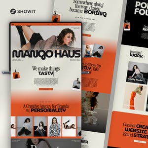 May include: A digital design portfolio with the text "MANGO HAUS" and "We make things TASTY." The design uses orange and white colours with images of people and the text "A Creative Agency for Brands w/ PERSONALITY."