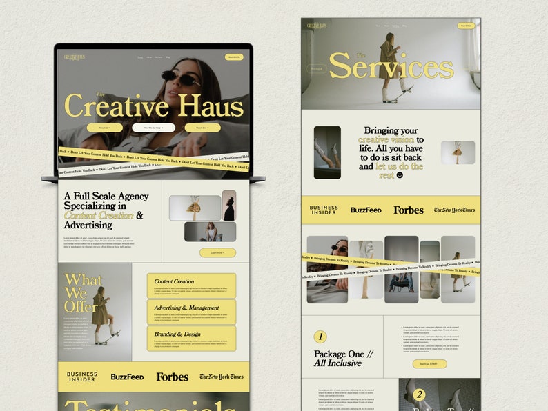 May include: Website homepage for Creative Haus, a full-scale agency specializing in content creation and advertising. The website features a yellow and white color scheme with images of people skateboarding and text that says "Bringing your creative vision to life. All you have to do is sit back and let us do the rest."