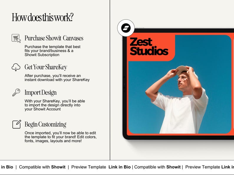 May include: An image with the text "How does this work?" and steps for purchasing and customizing a template. A tablet displays "Zest Studios" with a person wearing a white shirt and a cap against a blue sky.