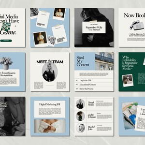 May include: A collage of nine Instagram posts with a light blue and white color scheme. The posts feature text about social media, personal branding, and digital marketing. The text is in a modern, minimalist font. Some posts feature photos of people and others feature illustrations.