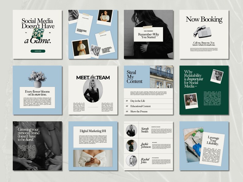 May include: A collage of nine Instagram posts with a light blue and white color scheme. The posts feature text about social media, personal branding, and digital marketing. The text is in a modern, minimalist font. Some posts feature photos of people and others feature illustrations.