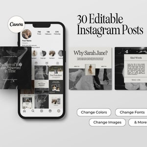 May include: A mockup of a smartphone screen displaying 30 editable Instagram posts for wedding photographers. The posts feature black and white photos and text in a minimalist style. The text includes "The Story of Your Love Preserved in Time", "Why Sarah Jane?", and "Kind Words".