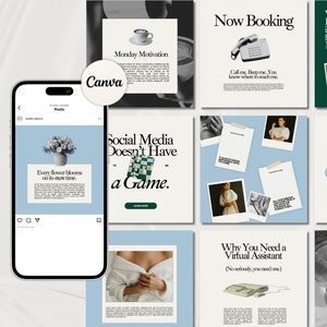 Instagram Templates for Virtual Assistants, Business Coach Template, Social Media Manager, Blue Instagram Template, Retro Editorial Theme