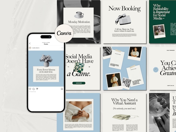 Instagram Templates for Virtual Assistants, Business Coach Template, Social Media Manager, Blue Instagram Template, Retro Editorial Theme