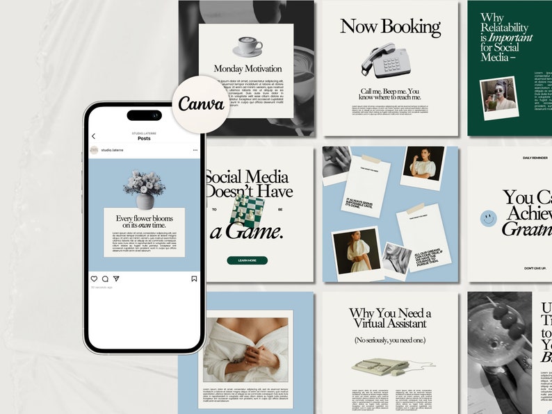 May include: A collage of nine Instagram posts with a light blue background. The posts feature text, images, and graphics. The text includes phrases like "Social Media Doesn't Have a Game", "Why Relatability is Important for Social Media", and "You Can Achieve Greatness". The images include a cup of coffee, a chessboard, a woman in a white dress, and a woman in a white robe. The graphics include a smiley face, a phone, and a virtual assistant icon.