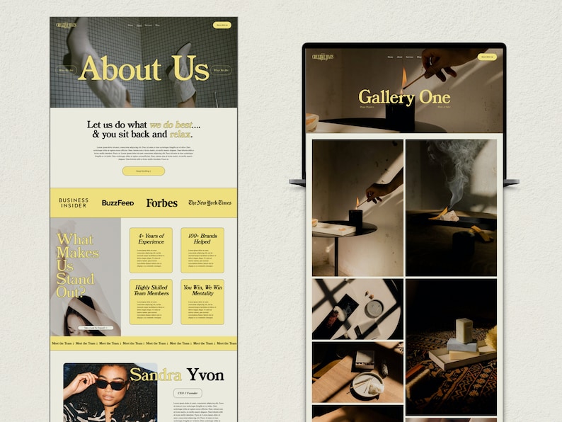 May include: A website homepage with the text "About Us" and "Gallery One" in yellow text. The "About Us" section features a photo of a woman wearing a black shirt and sunglasses. The "Gallery One" section features a grid of photos of candles and other objects.