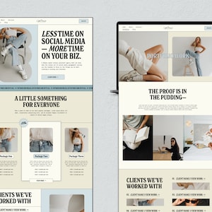 May include: A website homepage for a business offering social media management services. The website features a light blue and cream colour scheme with a modern design. The text on the website reads "Less time on social media - More time on your biz." and "The proof is in the pudding."