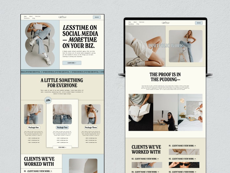 May include: A website homepage for a business offering social media management services. The website features a light blue and cream colour scheme with a modern design. The text on the website reads "Less time on social media - More time on your biz." and "The proof is in the pudding."