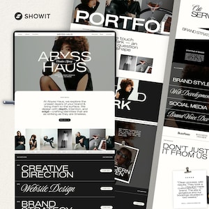 May include: A website design portfolio featuring a black and white color scheme. The website showcases the "Abyss Haus" brand, with sections for creative direction, website design, and brand strategy. The image includes the Showit logo.