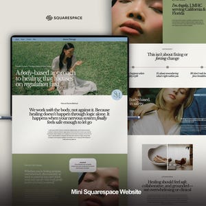 Pode incluir: Um design de site Squarespace que mostra uma abordagem de cura baseada no corpo. O design apresenta uma mulher em um campo, texto e uma paleta de cores de verde, branco e bege. O site inclui o texto "Mini Squarespace Website."
