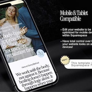 K&ouml;nnte beinhalten: Ein Smartphone zeigt eine Webseite mit dem Text "Ein k&ouml;rperbasierter Ansatz zur Heilung, der sich auf die Regulierung konzentriert." Das Telefon ist abgewinkelt, mit dem Text "Mobile & Tablet Compatible".
