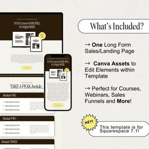 Puede incluir: Una maqueta de una plantilla de sitio web de Squarespace para cursos en l&iacute;nea. La plantilla presenta un fondo marr&oacute;n con texto blanco y una llamada a la acci&oacute;n para "Take a Peak Inside". La plantilla incluye una p&aacute;gina de ventas de formulario largo, activos de Canva para editar elementos y es perfecta para cursos, seminarios web, embudos de ventas y m&aacute;s.