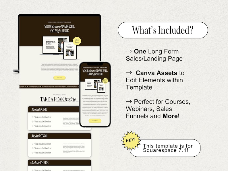 Puede incluir: Una maqueta de una plantilla de sitio web de Squarespace para cursos en l&iacute;nea. La plantilla presenta un fondo marr&oacute;n con texto blanco y una llamada a la acci&oacute;n para "Take a Peak Inside". La plantilla incluye una p&aacute;gina de ventas de formulario largo, activos de Canva para editar elementos y es perfecta para cursos, seminarios web, embudos de ventas y m&aacute;s.