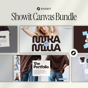 Puede incluir: Imagen promocional para Showit Canvas Bundle. La imagen presenta una colección de plantillas de diseño web con superposiciones de texto como "Brand Strategy", "Milla" y "The Portfolio". La paleta de colores incluye marrón, blanco y azul.