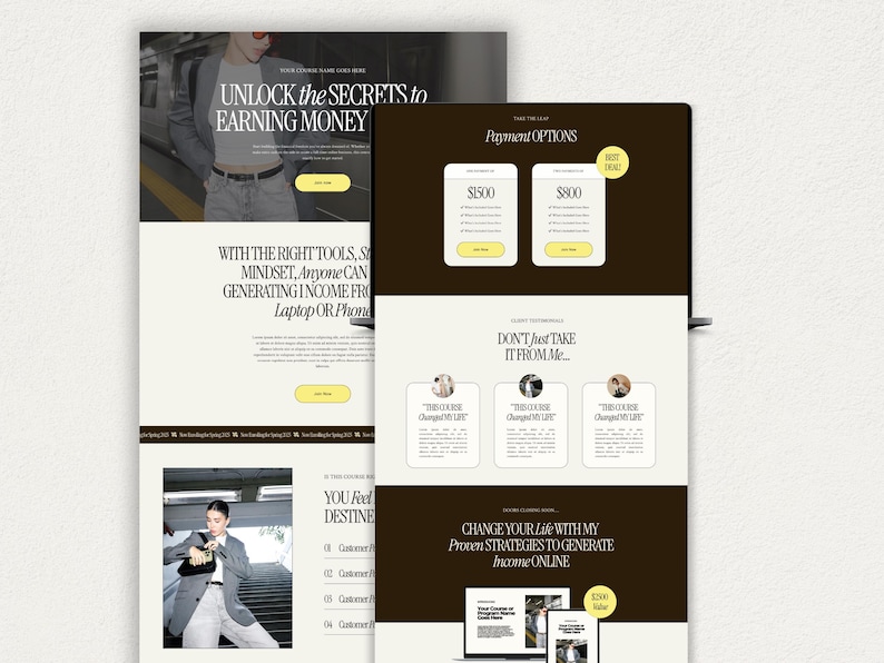 Puede incluir: Una captura de pantalla de un sitio web que muestra un fondo marr&oacute;n oscuro con texto blanco. El texto dice "UNLOCK the SECRETS to EARNING MONEY". El sitio web tambi&eacute;n presenta una secci&oacute;n titulada "Payment OPTIONS" con dos opciones de precios: $ 1500 y $ 800. El sitio web tambi&eacute;n presenta una secci&oacute;n titulada "DON'T just TAKE IT FROM Me" con tres testimonios de personas que han tomado el curso. El sitio web tambi&eacute;n presenta una secci&oacute;n titulada "CHANGE YOUR LIFE WITH MY Proven STRATEGIES TO GENERATE Income ONLINE".