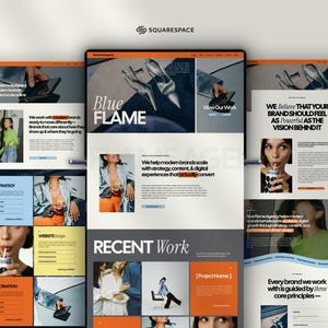 May include: A digital marketing website design mockup with the text "Blue Flame" and "Recent Work." The design incorporates images, text, and orange and blue colour blocks. The Squarespace logo is in the top right corner.