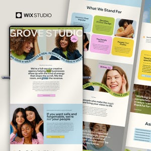 May include: A digital display of the Grove Studio website on a Wix Studio interface, featuring a creative agency landing page with photography of diverse people, bold typography, and sections titled What We Stand For and Frequently Asked Questions.