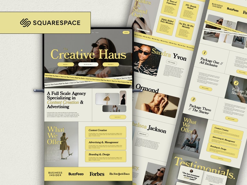 May include: A website homepage for a creative agency called Creative Haus. The website features a yellow and white color scheme with images of people and text that describes the agency's services. The text includes "A Full Scale Agency Specializing in Content Creation & Advertising", "What We Offer", "Content Creation", "Advertising & Management", "Branding & Design", "Testimonials", "Package One // All Inclusive", "Package Three // The Starter", and "Package Two // Semi Inclusive".