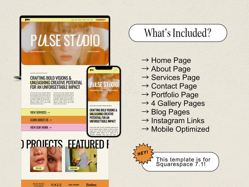Op de afbeelding: Een mockup van een website voor een creatief studio genaamd Pulse Studio. De website heeft een gedurfd, modern ontwerp met een focus op fotografie en branding. De website bevat een startpagina, een over ons pagina, een dienstenpagina, een contactpagina, een portfoliopagina, 4 galerijpagina's, blogpagina's, Instagram-links en is geoptimaliseerd voor mobiel. De website is gebouwd op Squarespace 7.1.