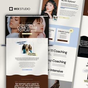 May include: A digital mockup of a website design featuring a Wix Studio logo, displaying a landing page with the text 'YOU DIDN'T COME this FAR TO PLAY SMALL', various coaching service sections, and photography of individuals in a professional layout.