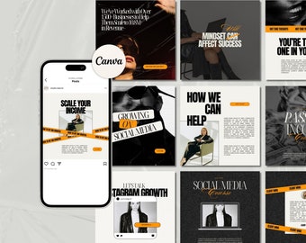 May include: A collage of Instagram posts with a black and white color scheme. The posts feature text about growing on social media, scaling income, mindset, and social media courses. The text is in a bold, sans-serif font.