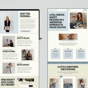 May include: Website homepage for a full-service agency focusing on a modern approach to online success. The website features a light blue and cream colour scheme with a photo of a woman sitting on a sofa reading a magazine. The website also features a section called "Meet the Founder" with photos of three women. The website also features a section called "The Process" with three steps: Reach Out, Pick Your Offer, and Create Magic. The website also features a section called "A Little Something for Everyone" with photos of three women wearing jeans.