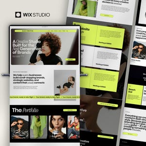 May include: A website design showcasing a creative studio. The design features a black and white color scheme with accents of neon green. The website's content includes images of people, text, and a portfolio section. The Wix Studio logo is visible.