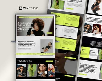 May include: A website design showcasing a creative studio. The design features a black and white color scheme with accents of neon green. The website's content includes images of people, text, and a portfolio section. The Wix Studio logo is visible.
