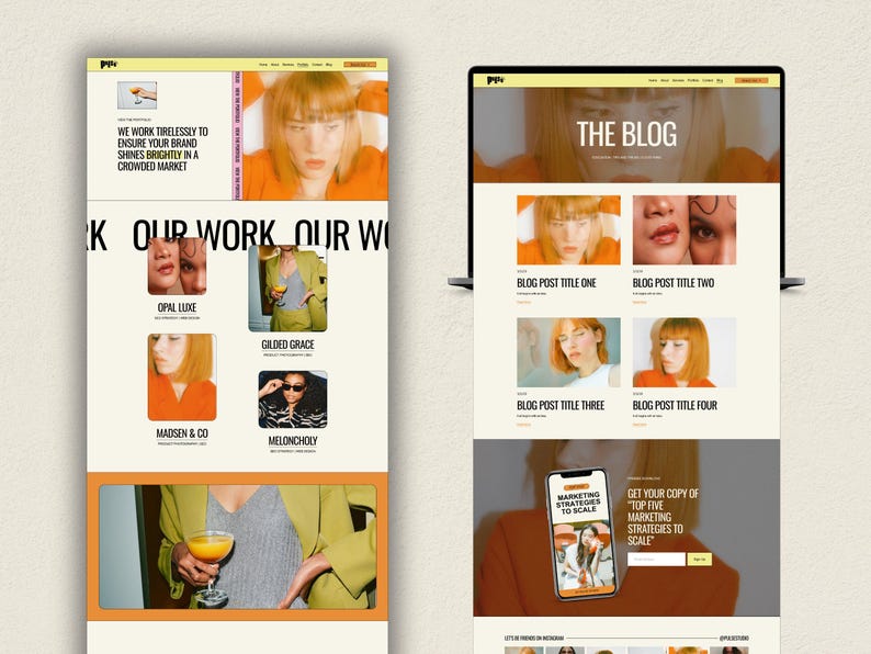 Op de afbeelding: Een schermafbeelding van een website die een blogpagina toont met een gele kop die "De blog" zegt. De blogpagina bevat vier blogberichten met afbeeldingen van vrouwen en tekst die "Blogpost Titel E&eacute;n", "Blogpost Titel Twee", "Blogpost Titel Drie" en "Blogpost Titel Vier" zegt. De website bevat ook een call-to-action om "Haal je exemplaar van "Vijf Top Marketingstrategie&euml;n om te schalen"".