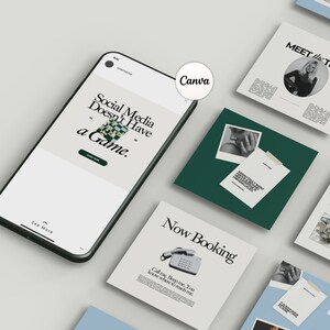 May include: A smartphone mockup displaying a social media post with the text "Social Media Doesn't Have a Game." The post is on a white background with a black and white chessboard image. The phone is on a white surface with other mockups of social media posts in the background. The text "Canva" is visible in the upper right corner of the image.