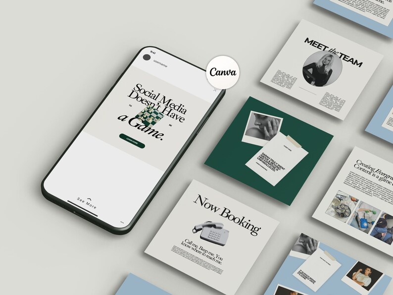 May include: A smartphone mockup displaying a social media post with the text "Social Media Doesn't Have a Game." The post is on a white background with a black and white chessboard image. The phone is on a white surface with other mockups of social media posts in the background. The text "Canva" is visible in the upper right corner of the image.