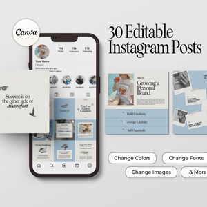 May include: A phone screen displaying a Canva template for 30 editable Instagram posts. The template features a blue and white color scheme with text that says "Growing a Personal Brand" and "Tips to Grow on Social Media".