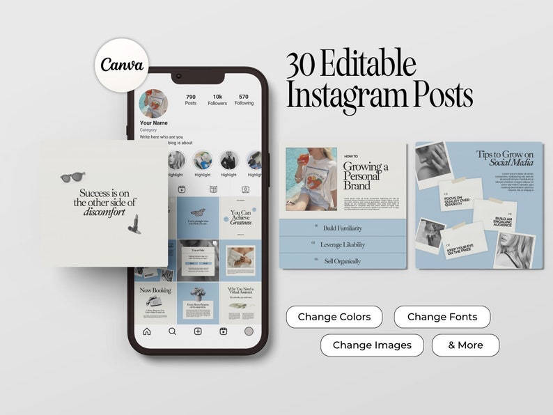 May include: A phone screen displaying a Canva template for 30 editable Instagram posts. The template features a blue and white color scheme with text that says "Growing a Personal Brand" and "Tips to Grow on Social Media".