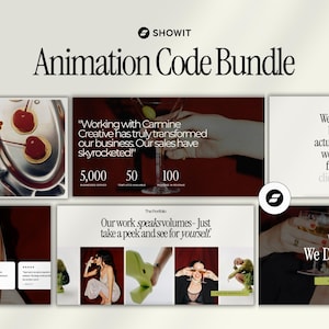 May include: A promotional image for Showit's Animation Code Bundle. The design features a light background with the text "Animation Code Bundle" in a bold, elegant font. Several website design examples are displayed, showcasing various layouts and design elements.
