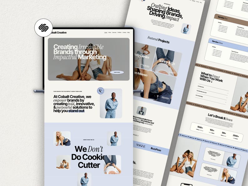 Puede incluir: Una p&aacute;gina de inicio de sitio web para Cobalt Creative, una agencia de marketing. El sitio web presenta un esquema de color azul y blanco y una foto de dos personas que usan mezclilla. El texto en la p&aacute;gina dice "Creando marcas irresistibles a trav&eacute;s de marketing impactante" y "No hacemos soluciones prefabricadas".
