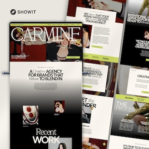 May include: A website design showcasing digital marketing services. The design features the word "CARMINE" in large white letters, images of people with cocktails, and the text "A Creative Agency for Brands That Refuse to Blend In."