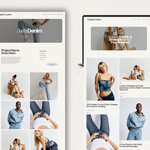 Puede incluir: Una p&aacute;gina de inicio de sitio web para una agencia creativa llamada Cobalt Creative. El sitio web presenta una variedad de ropa y accesorios de mezclilla, as&iacute; como art&iacute;culos sobre tendencias de dise&ntilde;o y estrategias creativas para peque&ntilde;as empresas. El encabezado del sitio web incluye el texto "Daily Denim".