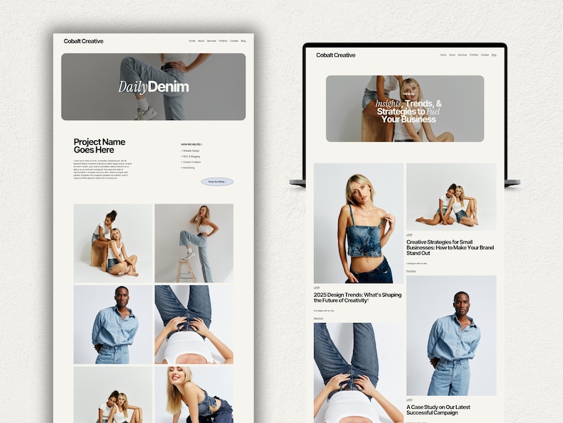 Puede incluir: Una p&aacute;gina de inicio de sitio web para una agencia creativa llamada Cobalt Creative. El sitio web presenta una variedad de ropa y accesorios de mezclilla, as&iacute; como art&iacute;culos sobre tendencias de dise&ntilde;o y estrategias creativas para peque&ntilde;as empresas. El encabezado del sitio web incluye el texto "Daily Denim".