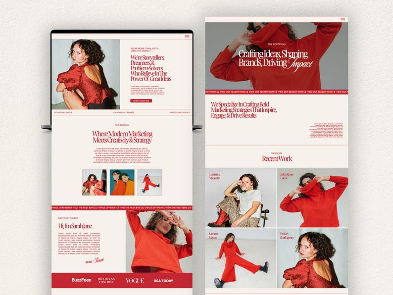 May include: Website homepage for a marketing agency called "The Portfolios". The website features a red and white color scheme and includes text that says "Crafting Ideas, Shaping Brands, Driving Impact" and "We Specialize in Crafting Bold Marketing Strategies That Inspire, Engage, & Drive Results".