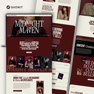 May include: A website design mockup with a dark red and cream color scheme. The main screen displays "MIDNIGHT MAVEN" in large white text. Additional screens showcase content creation and branding services, with photos of a woman.