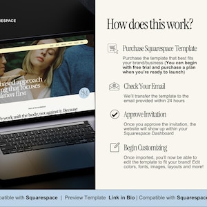 K&ouml;nnte beinhalten: Ein Laptop-Bildschirm zeigt eine Squarespace-Website-Vorlage mit dem Text &bdquo;Ein k&ouml;rperbasierter Ansatz zur Heilung, der sich auf die Regulierung konzentriert&ldquo;. Der Bildschirm zeigt ein Foto von zwei Frauen. Der Text &bdquo;Wie funktioniert das?&ldquo; wird angezeigt.