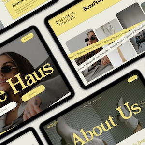 May include: A website screenshot featuring the text "Creative Haus" in yellow on a gray background. The website also features the text "About Us" in yellow on a tiled background. The website is promoting a brand that brings dreams to reality.