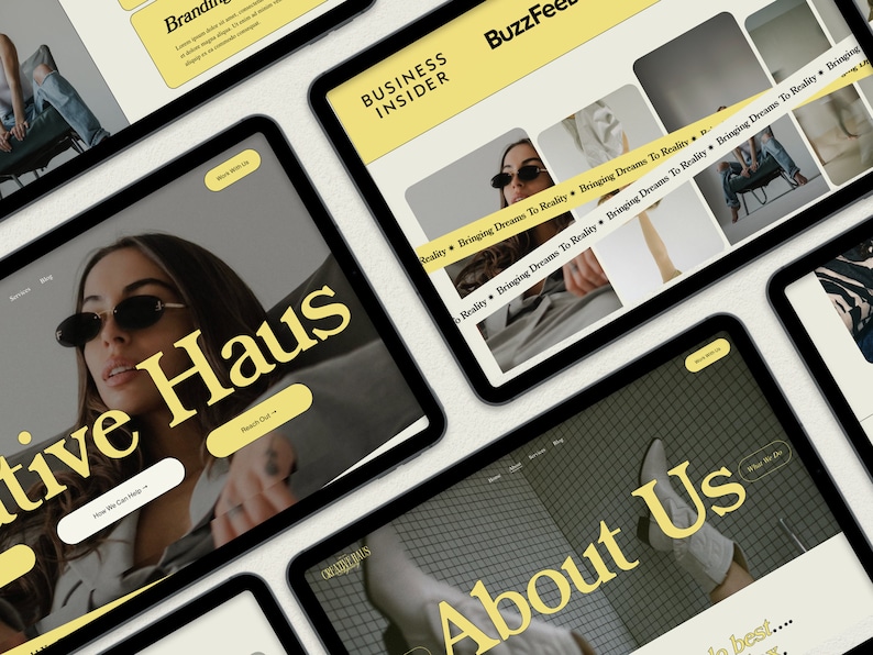 May include: A website screenshot featuring the text "Creative Haus" in yellow on a gray background. The website also features the text "About Us" in yellow on a tiled background. The website is promoting a brand that brings dreams to reality.