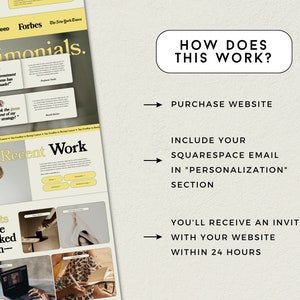 May include: A graphic design website template with a yellow and white color scheme. The website features testimonials, recent work, and a list of clients. The text "How Does This Work?" is displayed in a yellow button. The text "Purchase Website", "Include Your Squarespace Email in "Personalization" Section", and "You'll Receive an Invite With Your Website Within 24 Hours" is displayed with arrows pointing to the right.