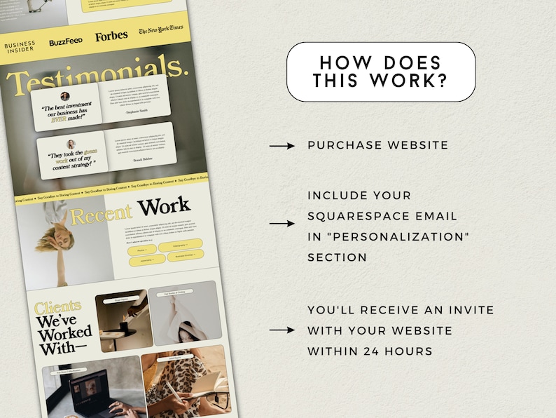 May include: A graphic design website template with a yellow and white color scheme. The website features testimonials, recent work, and a list of clients. The text "How Does This Work?" is displayed in a yellow button. The text "Purchase Website", "Include Your Squarespace Email in "Personalization" Section", and "You'll Receive an Invite With Your Website Within 24 Hours" is displayed with arrows pointing to the right.