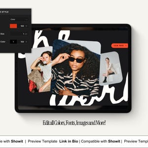 May include: A black tablet displays a website template with three images of people. The text "Edit all Colors, Fonts, Images and More!" is visible. A red "View More" button is on the top right.