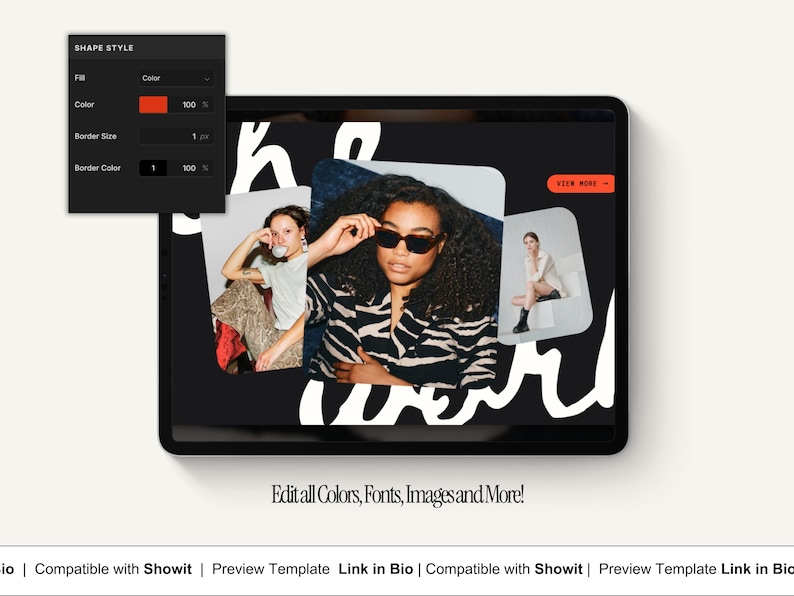 May include: A black tablet displays a website template with three images of people. The text "Edit all Colors, Fonts, Images and More!" is visible. A red "View More" button is on the top right.