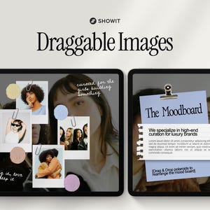 Może przedstawiać: Cyfrowy interfejs z tekstem Showit Draggable Images. Układ zawiera tablicę inspiracji z wieloma zdjęciami w stylu polaroid, spinaczami do papieru i okrągłymi elementami samoprzylepnymi umieszczonymi na obrazie tła.