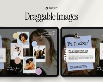 May include: A digital interface display featuring the text Showit Draggable Images. The layout includes a mood board with multiple polaroid-style photographs, paper clips, and circular adhesive elements arranged over a background image.