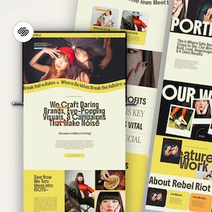 Könnte beinhalten: Ein Website-Design mit einem Portfolio-Layout in Gelb und Schwarz. Das Design enthält Bilder von Personen, Text mit der Aufschrift "We Craft Daring Brands, Eye-Popping Visuals, & Campaigns That Make Noise" und das Rebel Riot-Logo.